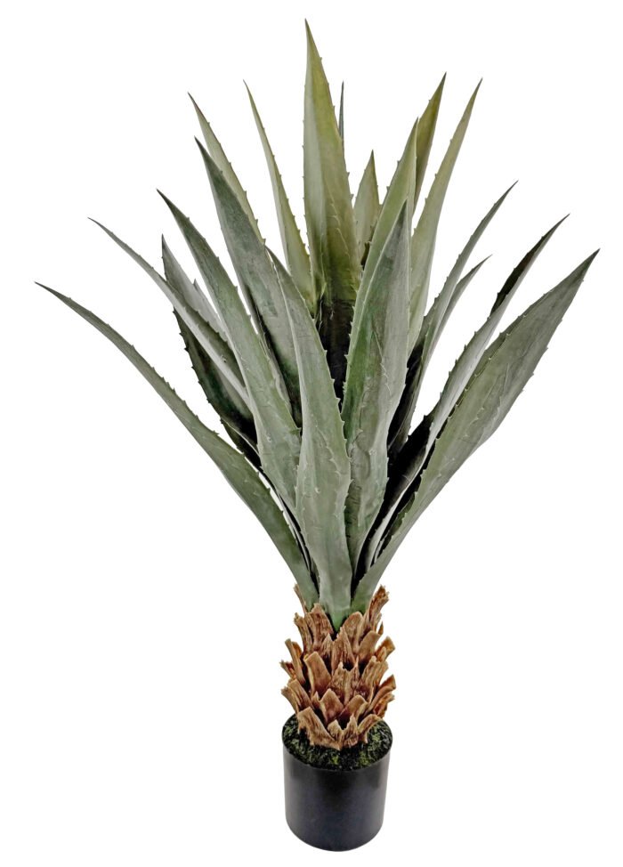 Dirbtinis augalas „Agava“, pilkai žalias, 100 cm aukščio, vazonėlyje – puošybai ar dekorui.